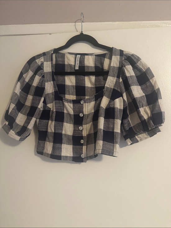 Rachel Pally Tops - Rachel Pally Black & Cream Plaid Puff-Sleeve Crop Top